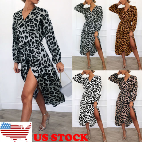 Leopard Print Asymmetrical V-neck Midi Dress