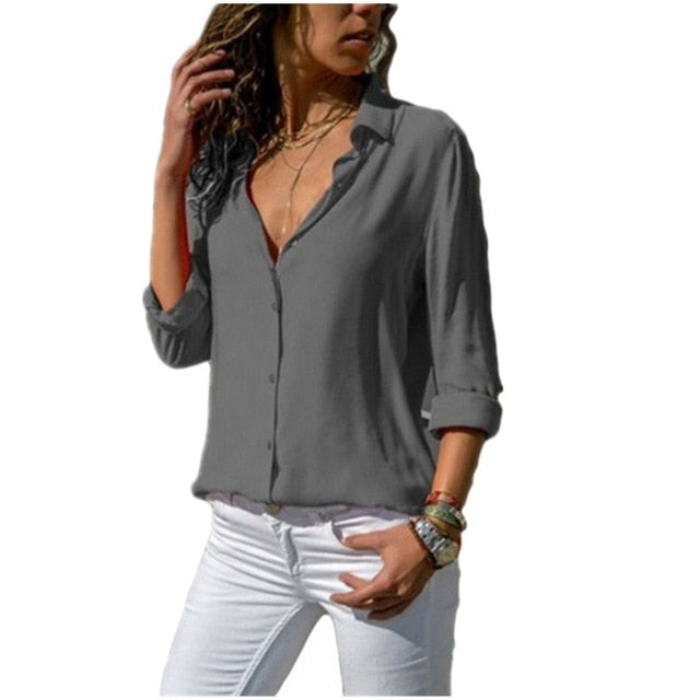 Lossky Long Sleeve Solid V-Neck Chiffon Button Up Blouse (8 colors)