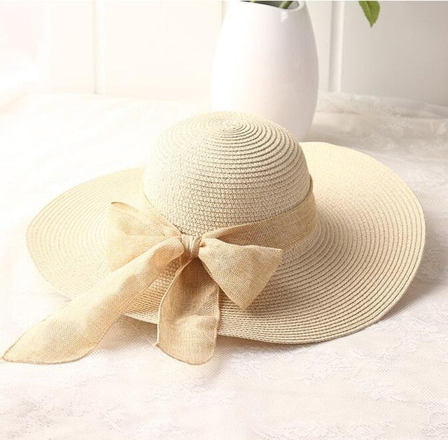 Hand Made Ribbon Bow-knot Wide Brin Straw Hat