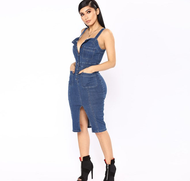 Sleeveless Single Breasted Split Denim Midi Dress