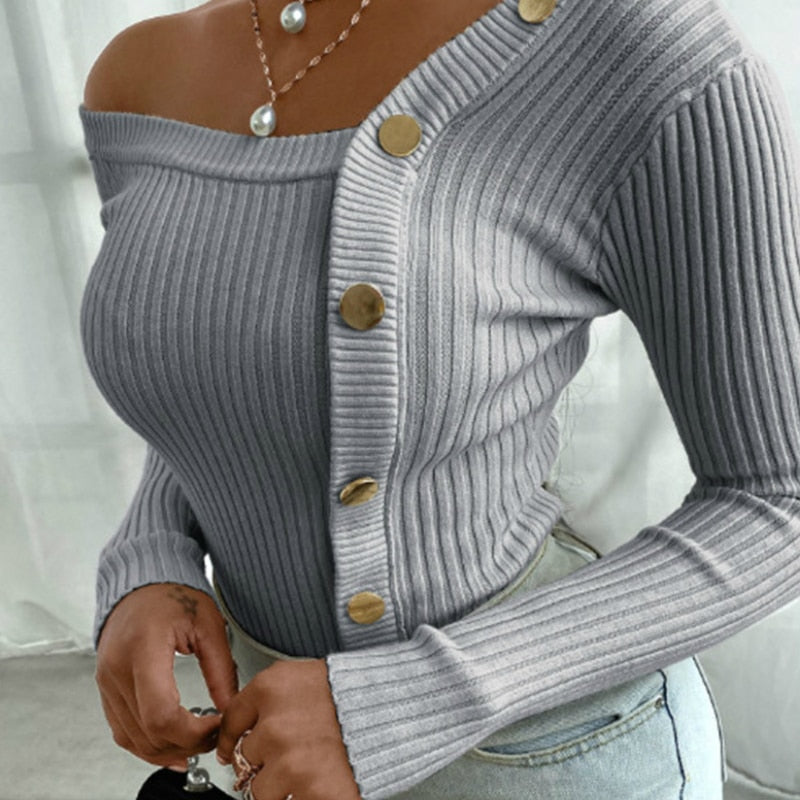 Knitted Off Shoulder Slim Button Up Sweater