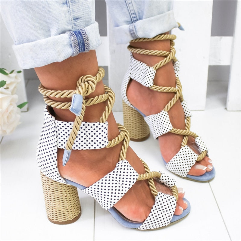 Hemp Lace Up Block Heel Gladiator Sandals