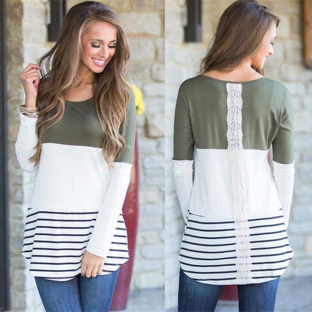 Back Lace Striped Long Sleeve Tunic Blouse (5 colors)