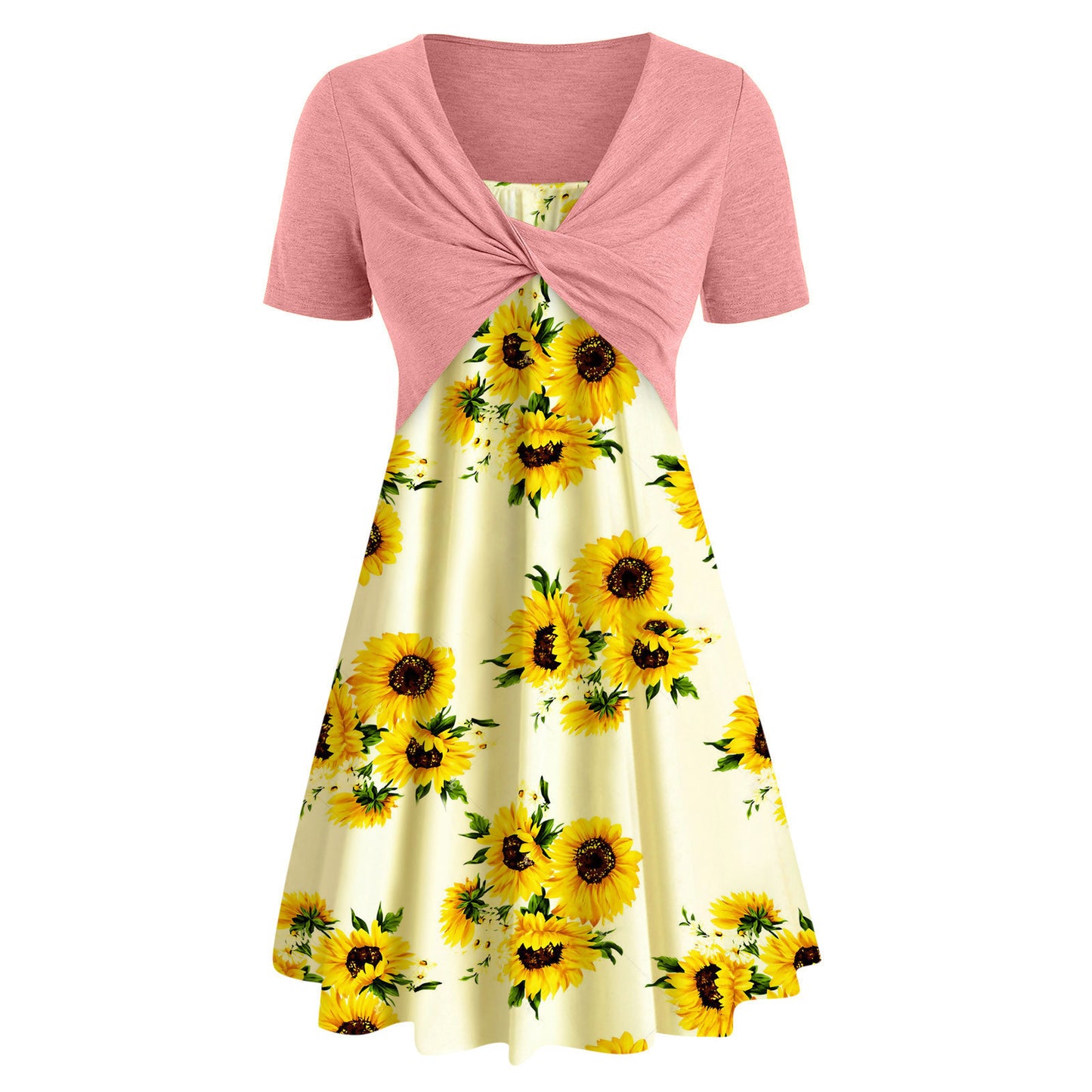 Sunflower Print Two Piece Short Sleeve Mini Dress (5 colors)