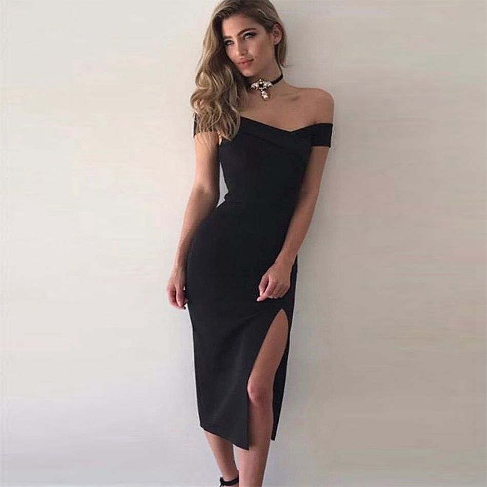 Bandaged Bodycon Short Sleeve Off Shoulder Split Midi Dress