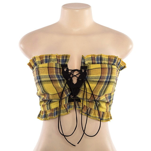 Plaid Ruffle Lace Up Bohemian Tube Top