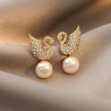 Load image into Gallery viewer, S925 Silver Needle Zircon Inlay Bric Swan Pearl Stud Earrings