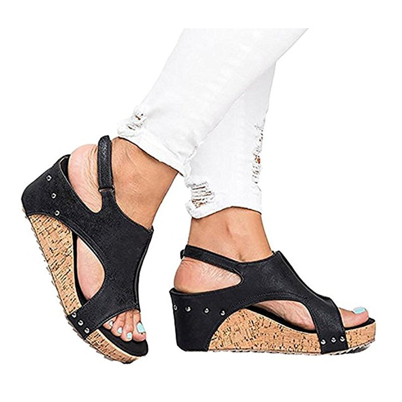 PU Leather Hook & Loop Fashion Wedge Sandals