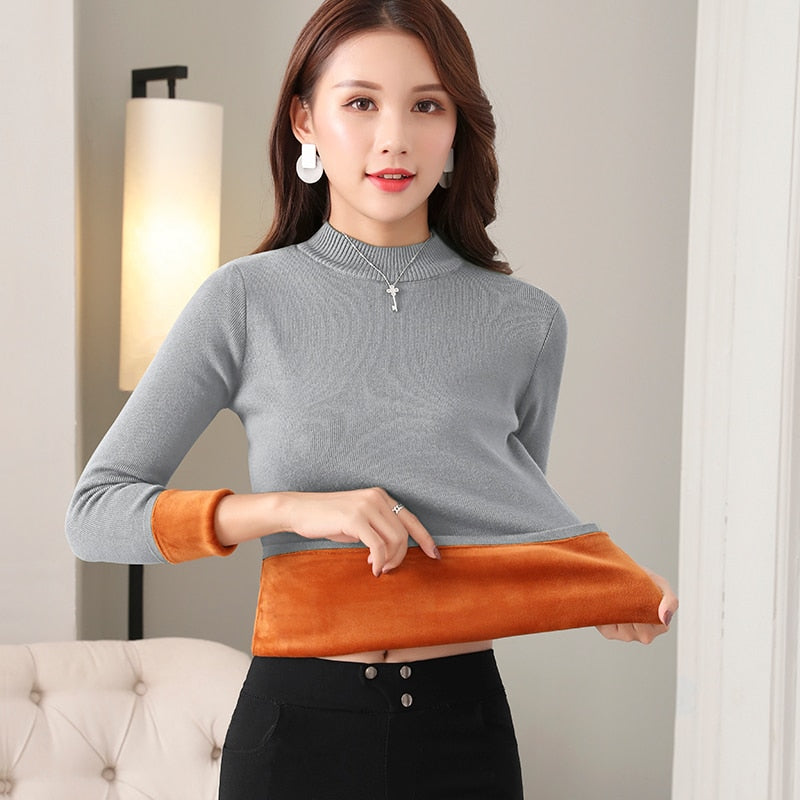 Thick Mock Neck Velvet Lady Sweater