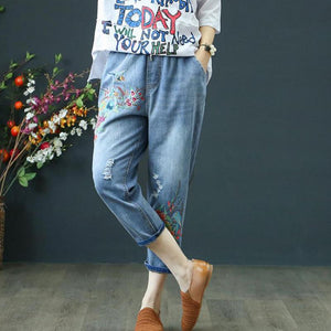 Embroidery Detailed Retro Drawstring Ripped Loose Denim Pants