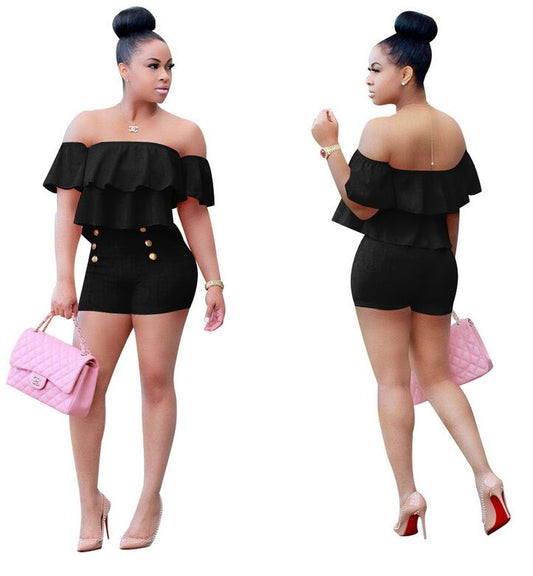 Bodycon Two Piece Off Shoulder Ruffle Crop Top Shorts Set