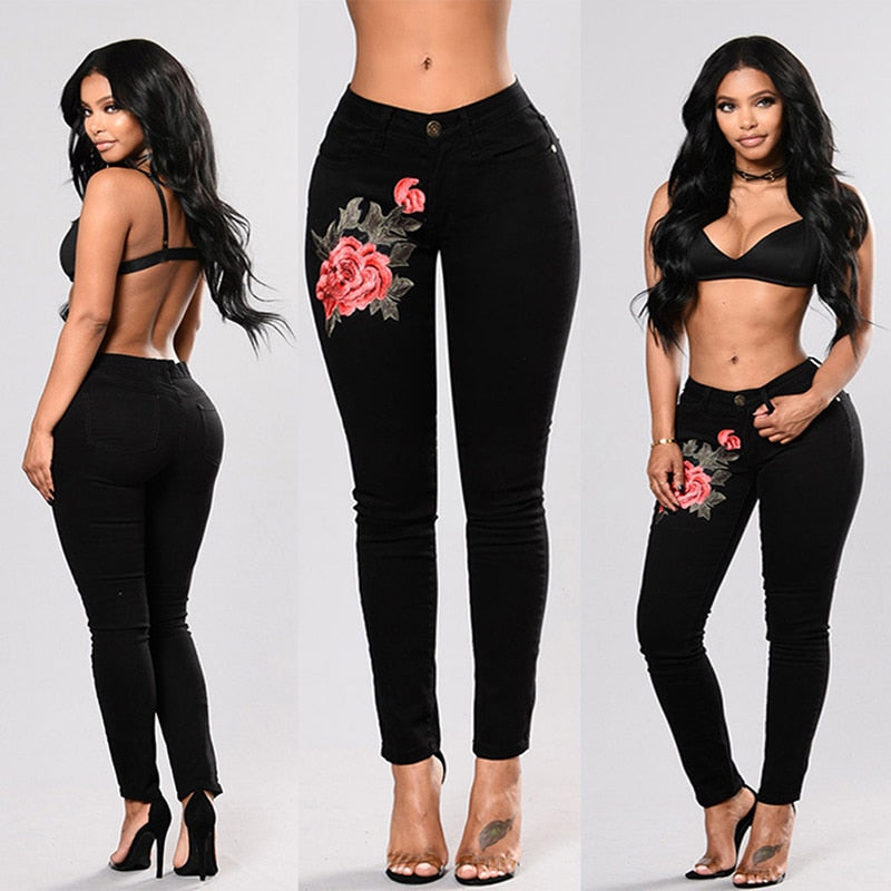 Pantalon Stretchy Ripped Low Rise Rose Embroidery Detail Skinny Jeans (3 colors)