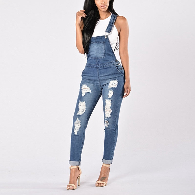 Ripped Hole Denim Overall Jumpsuit