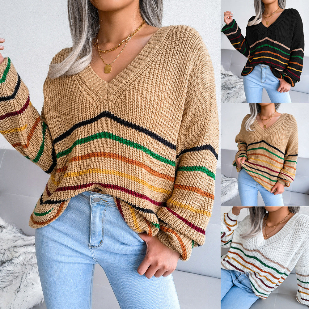 Striped Loose V-neck Knit Lady Sweater