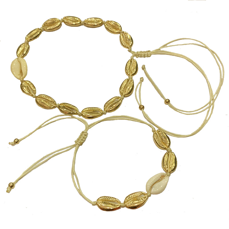 Bohemian Natural Shell Gold Cowrie Necklace and Bracelet Set