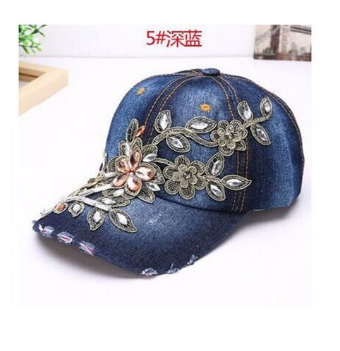 Diamond Embroidery Flower Denim Snapback Lady Baseball Cap