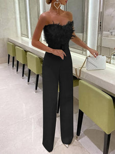 Feather Detailed Tube Top Jumpsuit