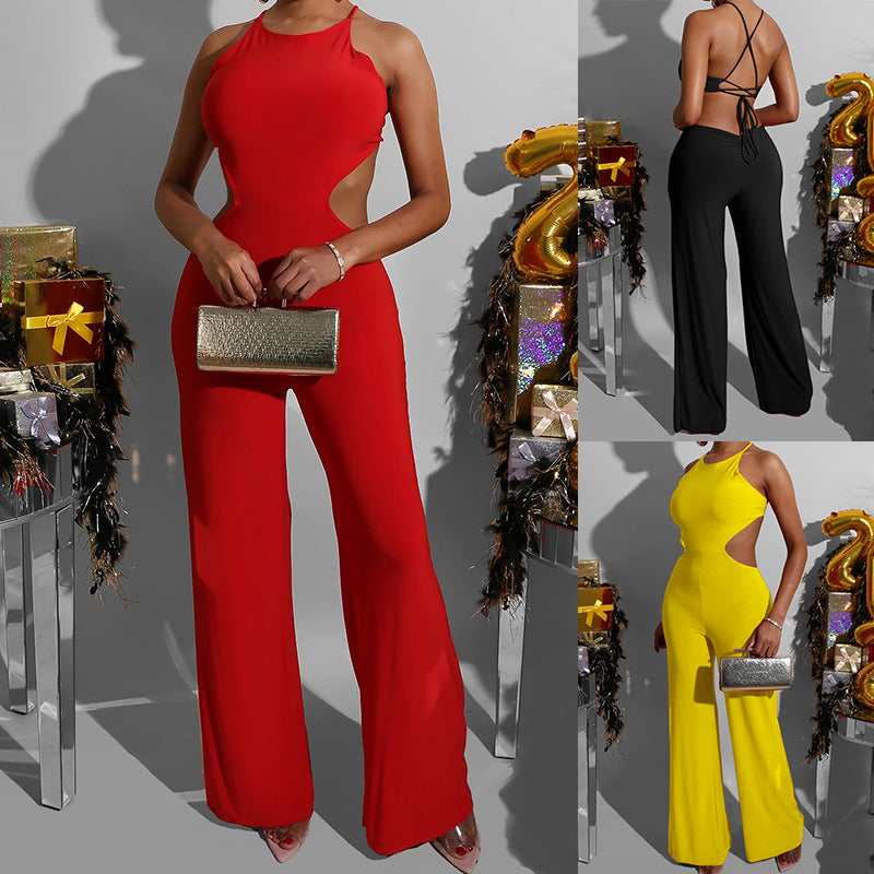 Solid Sleeveless Suspender Wide Leg Jumpsuit