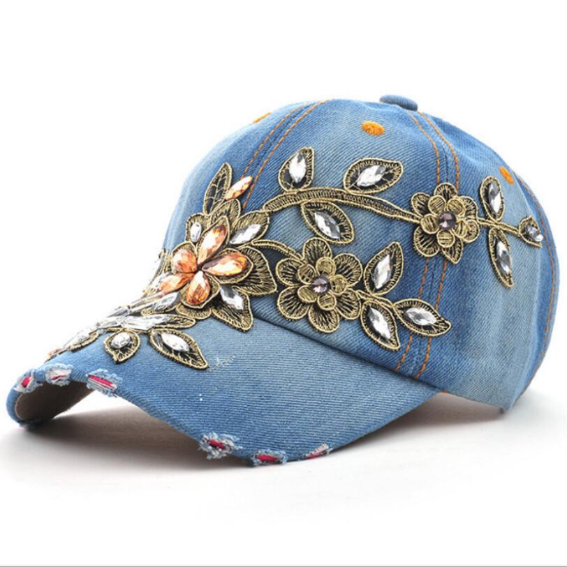 Diamond Embroidery Flower Denim Snapback Lady Baseball Cap