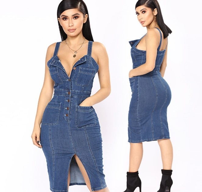 Sleeveless Single Breasted Split Denim Midi Dress