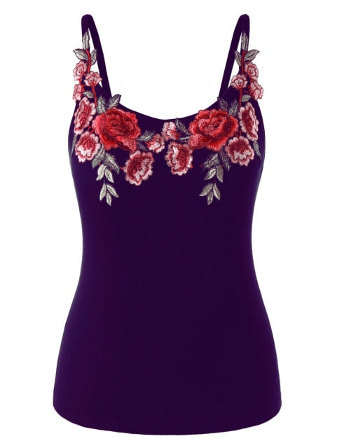 Flower Embroidery Slim Fit Plus Size Cami Tank Top (3 colors)