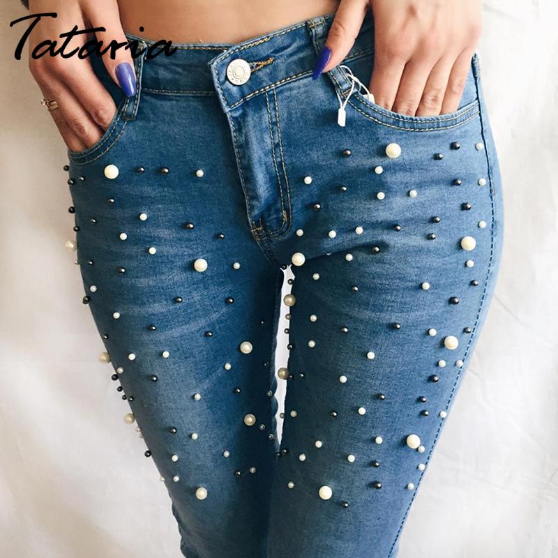 Pearl Detailed Denim Low Waist Skinny Jeans