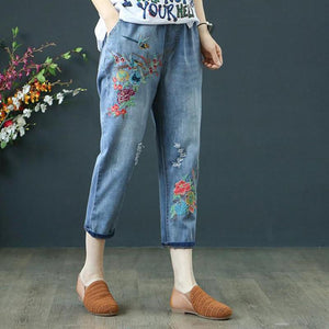 Embroidery Detailed Retro Drawstring Ripped Loose Denim Pants