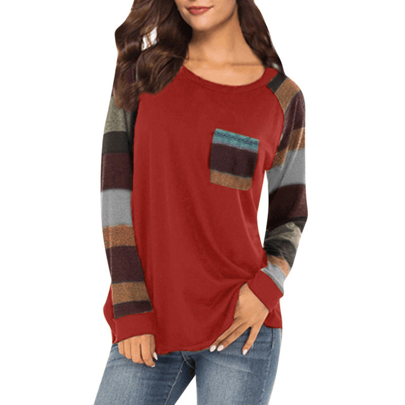Round Neck Pocket Stitching Contrast Color Long Sleeve T-shirt (4 Colors)