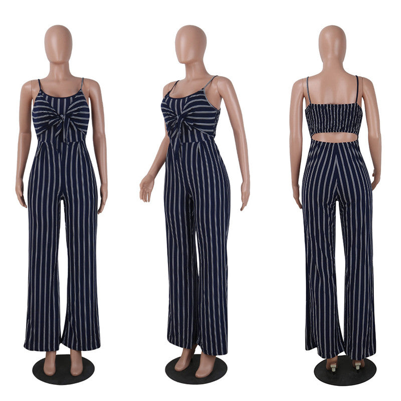 Blue Bodycon Backless Striped Jumpsuit