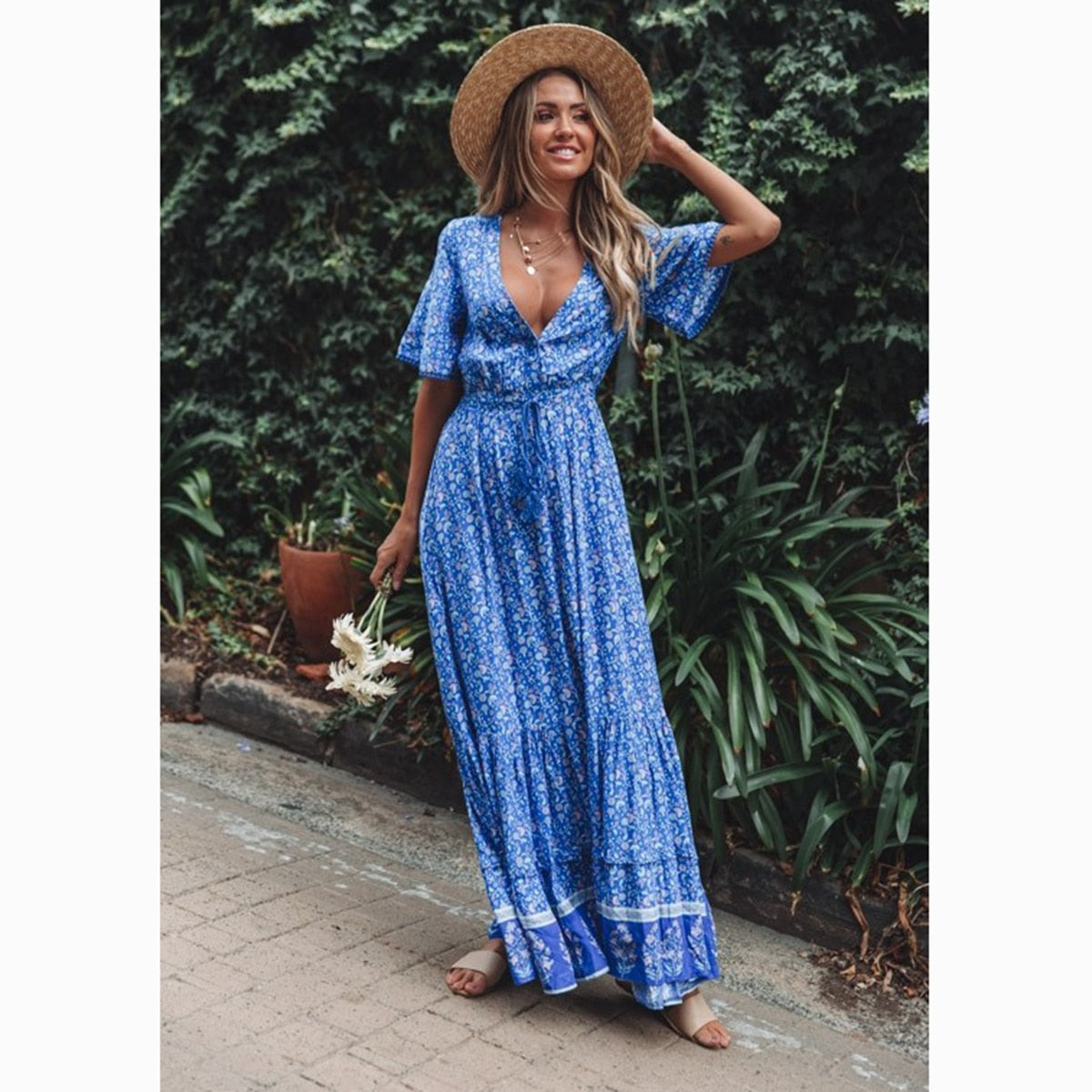 Frieda Bohemian Floral Print V Neck Waist Tie Maxi Dress