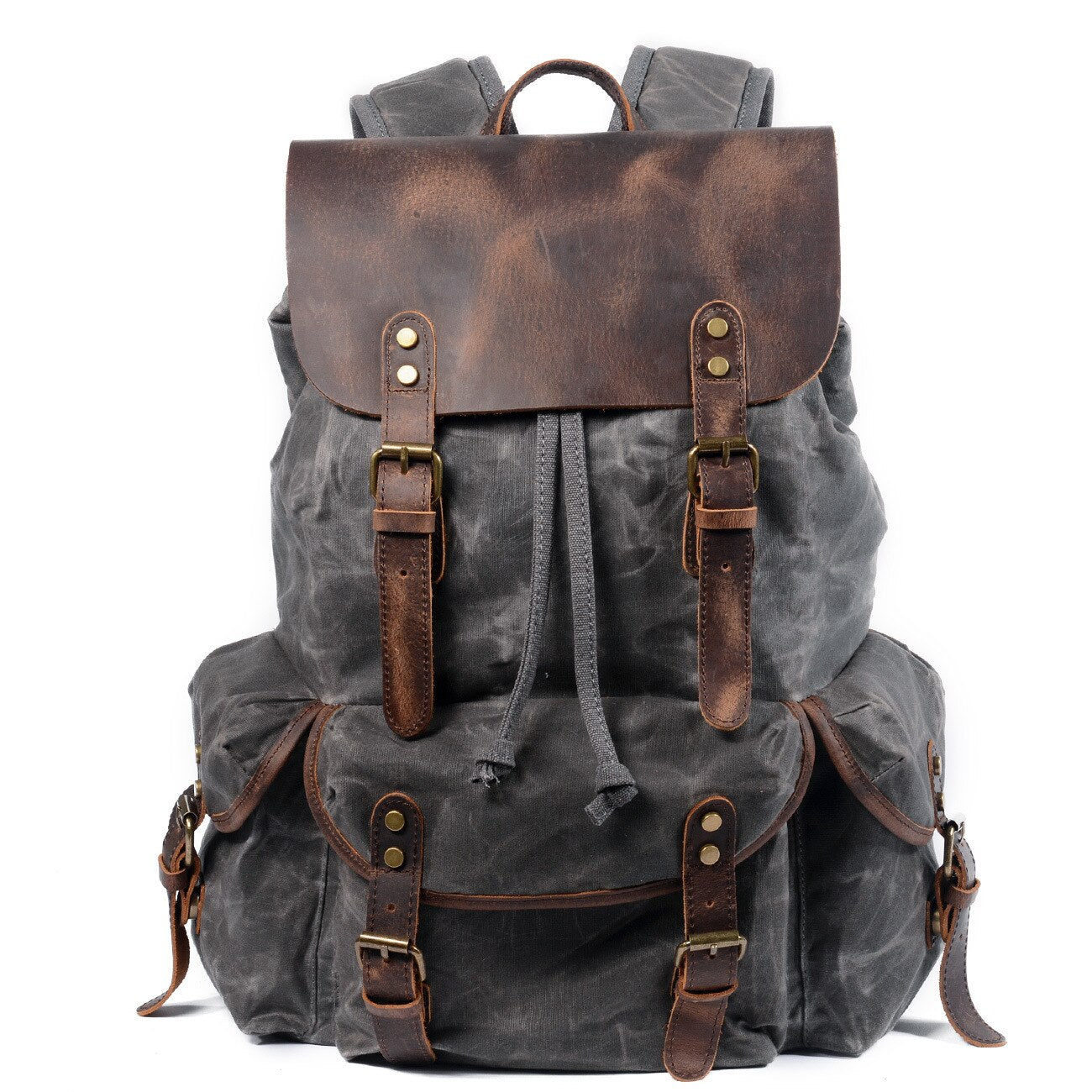 Oil Waxed Canvas Retro Outdoor Drawstring Leather Travel Backpack