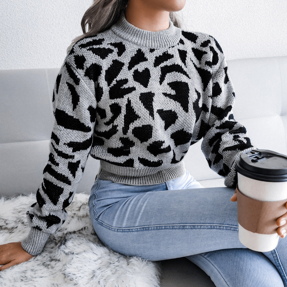 Leopard Print Waist Knit Mock Neck Lady Sweater