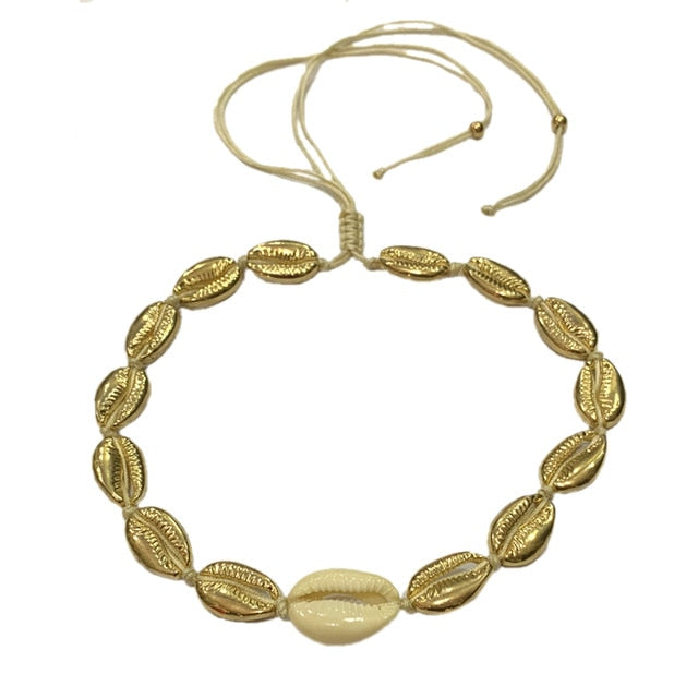 Bohemian Natural Shell Gold Cowrie Necklace and Bracelet Set