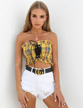 Load image into Gallery viewer, Plaid Ruffle Lace Up Bohemian Tube Top