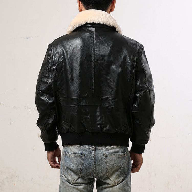 Sheepskin Leather Male Bomber Jacket Wool Collar