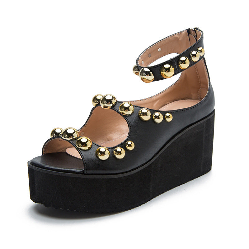 Wedge Round Toe Buckle Up Foam Platform Roman Sandals