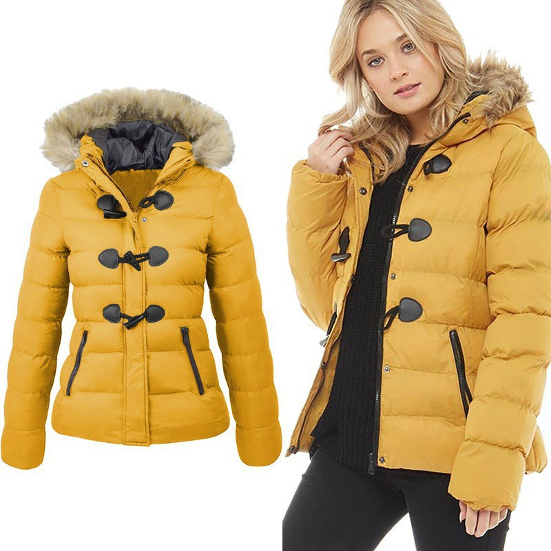 Ladies Slim Fit Horn Button Decor Parka Jacket (5 colors)