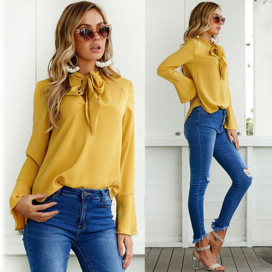 V-neck Trumpet Sleeve Chiffon Blouse (4 colors)