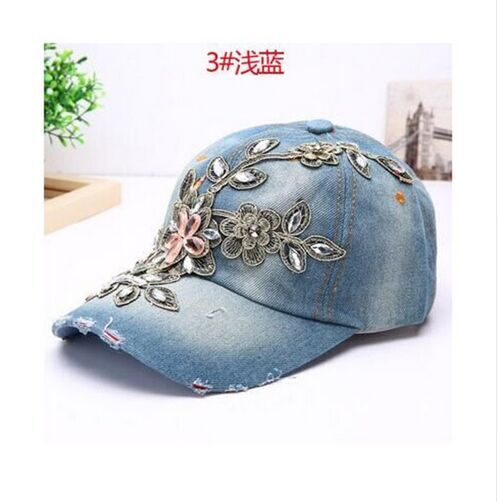 Diamond Embroidery Flower Denim Snapback Lady Baseball Cap