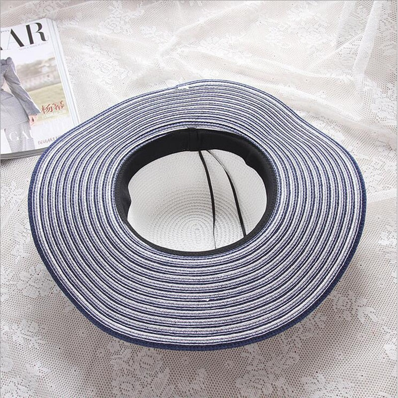 Hepburn Wind Black White Striped Bowknot Straw Sun Hat