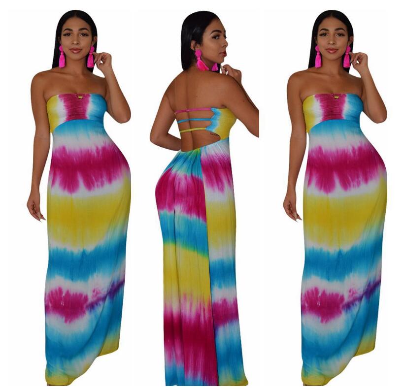 Strapless Bohemian Striped Lace Up Tie-dye Print Maxi Dress