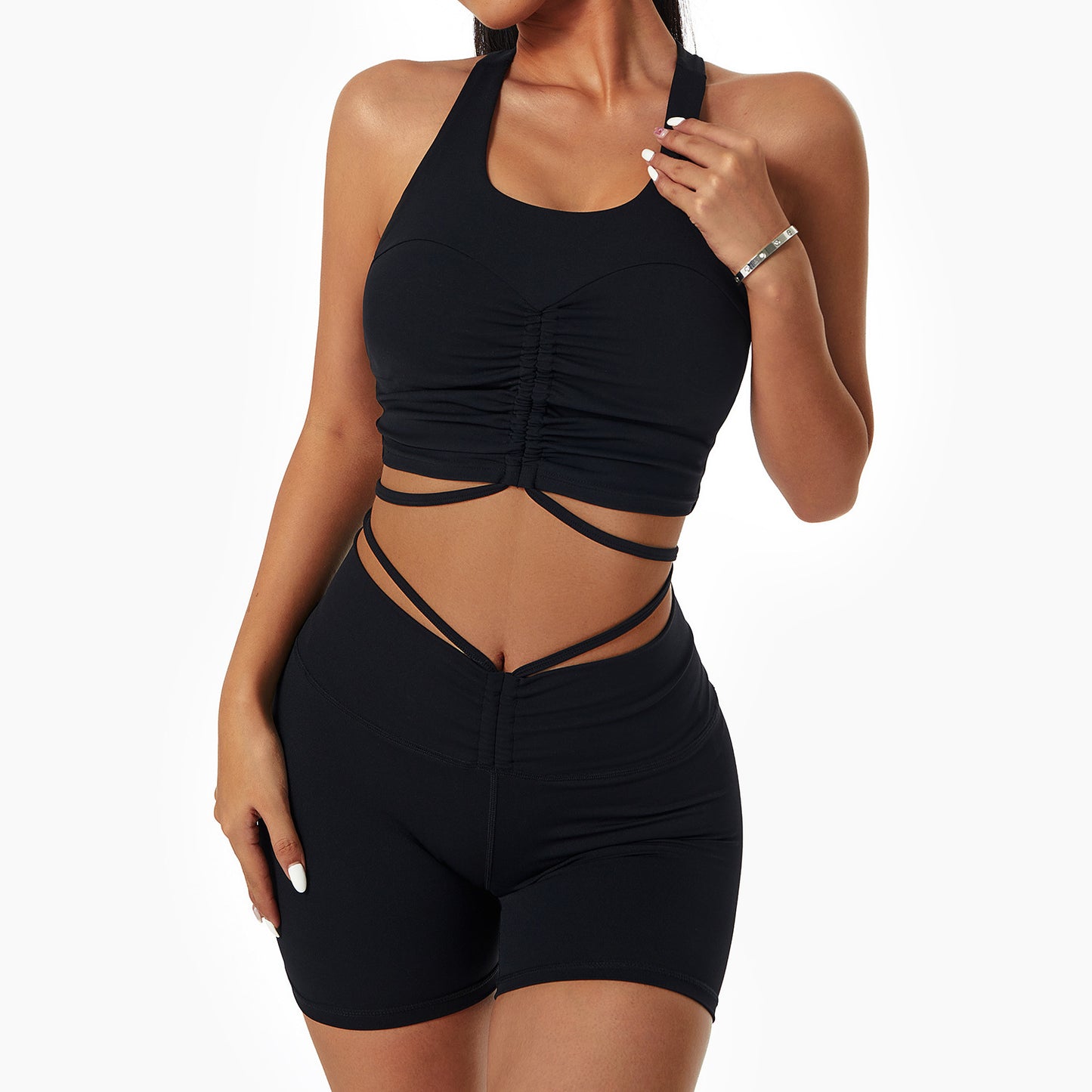 Solid Tank Drawstring Yoga Shorts Suit