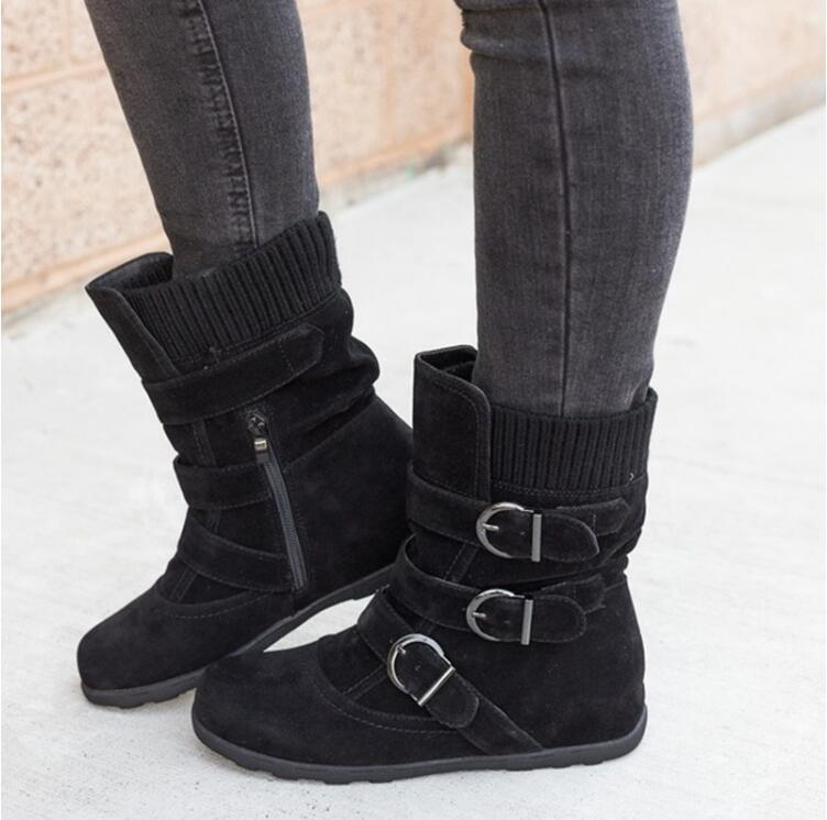 Ladies Flock Narrow Band Buckled Calf Round Toe Zipper Snow Boots