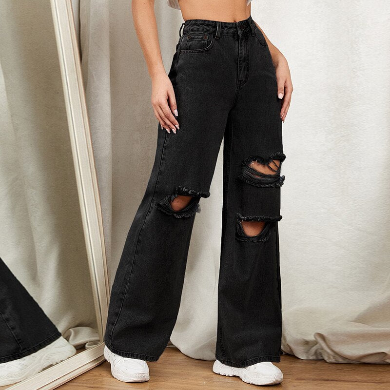 Ripped Hole Washed Wide Leg Lady Jeans (Black/Light Blue)