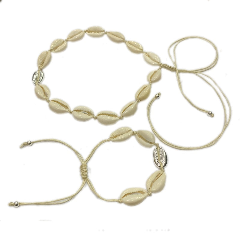 Bohemian Natural Shell Gold Cowrie Necklace and Bracelet Set