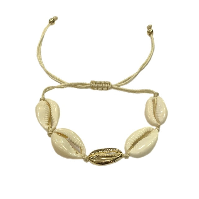 Bohemian Natural Shell Gold Cowrie Necklace and Bracelet Set