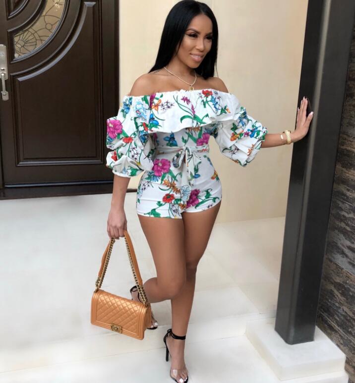 Off Shoulder Long Sleeve Printed Romper