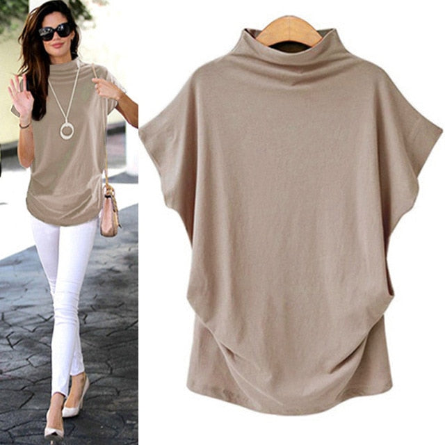 Solid Turtleneck Short Sleeve Blouse (6 colors)