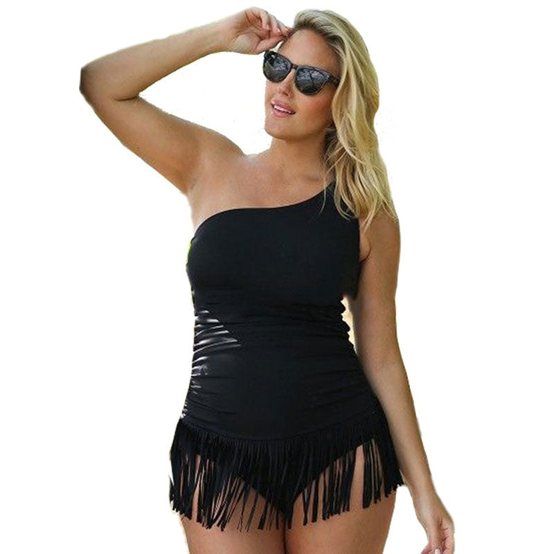 Fringed Black One Piece Backless Plus Size Swimsuit