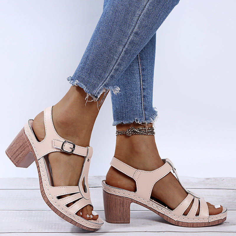 Metal Buckle Stitching Hollow Block Heel Sandals